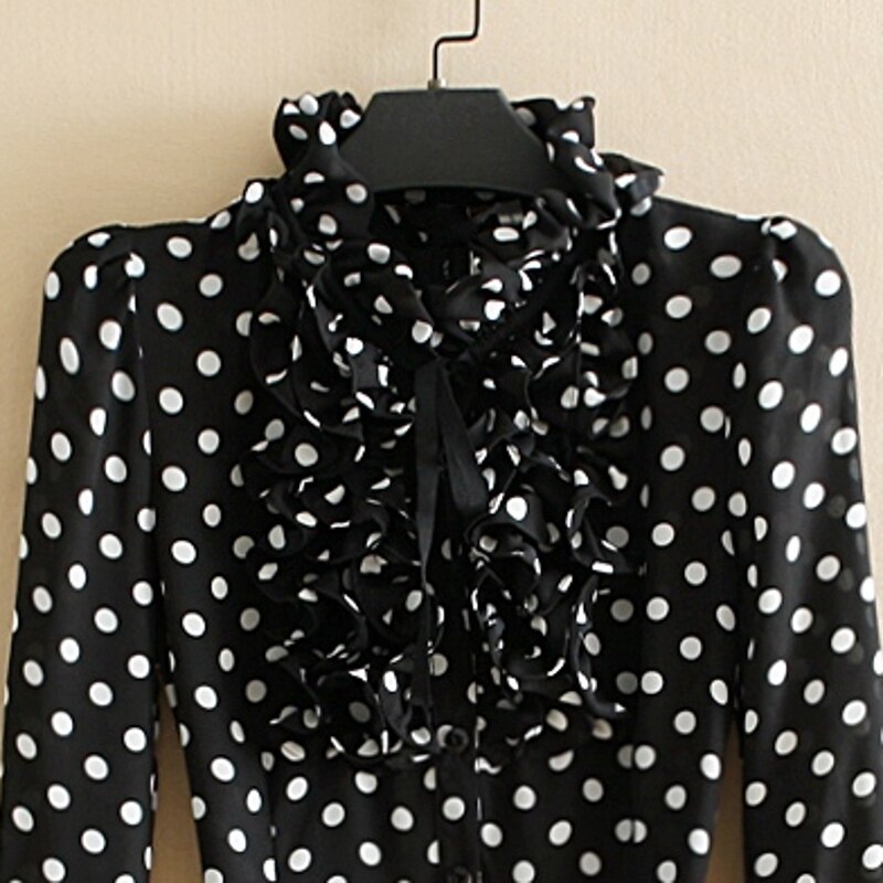 Body blusa Mujer Bodysuit Blusas camisa femenina Blusas Mujer Ruffle negro Polka Dot Chiffon ropa de manga larga