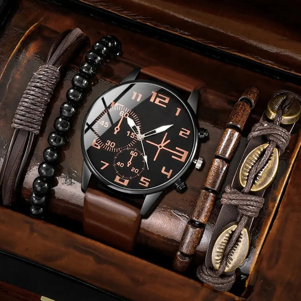 5PCS Set Mens Sports Bracelet Watches For Men Retro Big Dial Quartz Wrist Watch Classic Male Casual Brown Leather Watch: Coffee