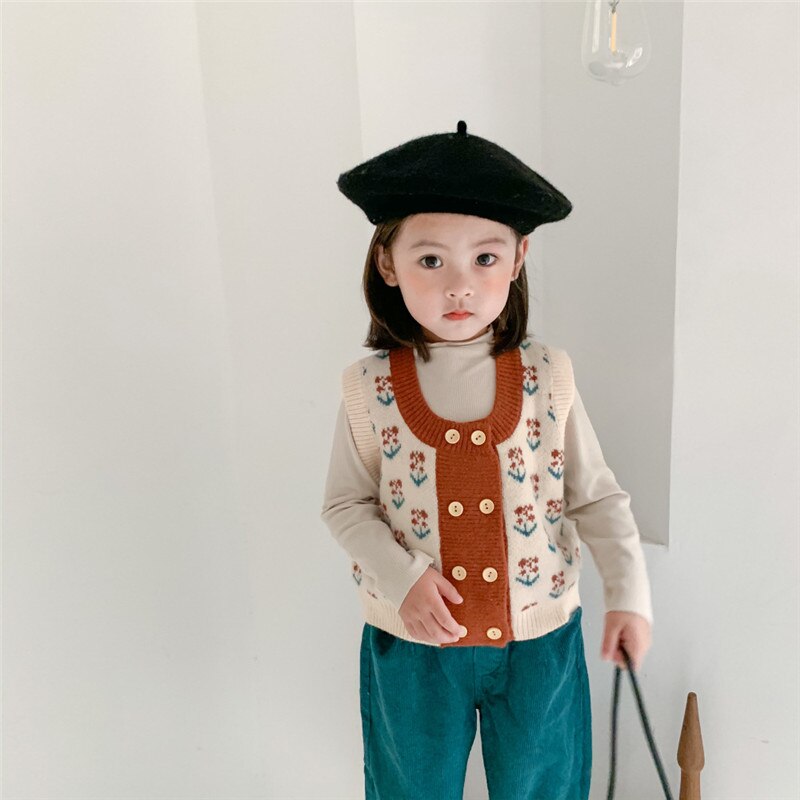 Populær koreansk babypiger retro vest blomst strikket cardigan børn dobbeltradet sweater vest: Rødvin / 12m