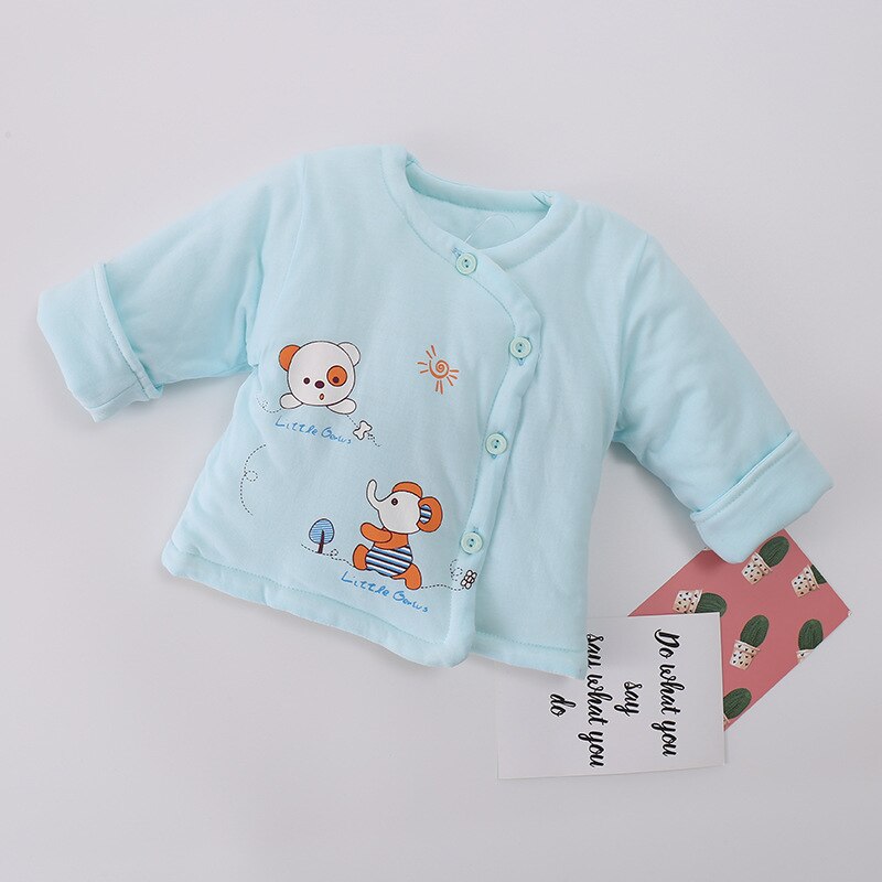 Baby Thermal Underwear Round Neck Quilted Newborn Cotton Coat Thick Cartoon Embroidery 0-3 Months Baby Cotton Top Clothes: blue