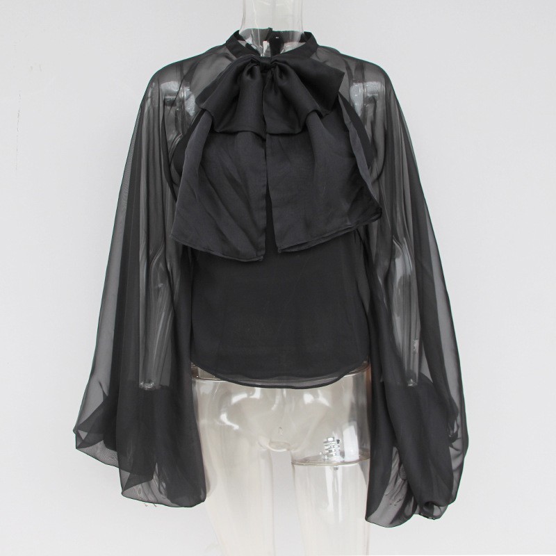 TWOTWINSTYLE perspectiva camisas blusa mujer linterna manga Bowknot encaje blusa Tops mujer ropa nueva: black / L