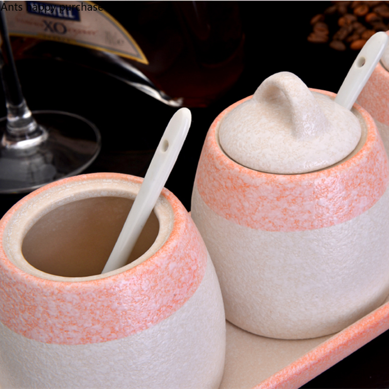 Japanese Seasoning Jar Set Kitchen Supplies Spice Jar Three-piece Set Ceramics Pink Seasoning Box Salt Shaker Spice Container