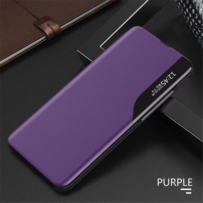 Odwróć skórzany futerał na telefon do Samsung Galaxy S22 Plus 5G luksusowy inteligentny widok z okna magnetyczny stojak na książki do S22 Ultra Funda: For Galaxy S22 Ultra / purple
