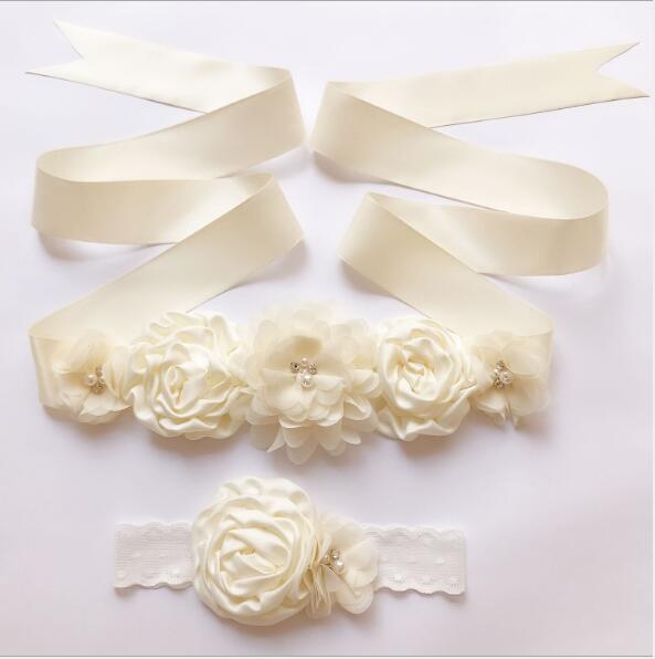 Cinturón de flores para niña, fajín de señora, fajas de boda con diadema de flores, 1 Juego de cinturón de boda