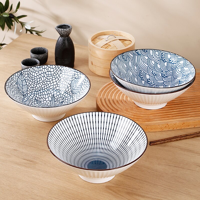 Japanese and Korean 8-inch hat Bowl Ceramic net red ramen bowl household soup bowl large horn bowl underglaze color