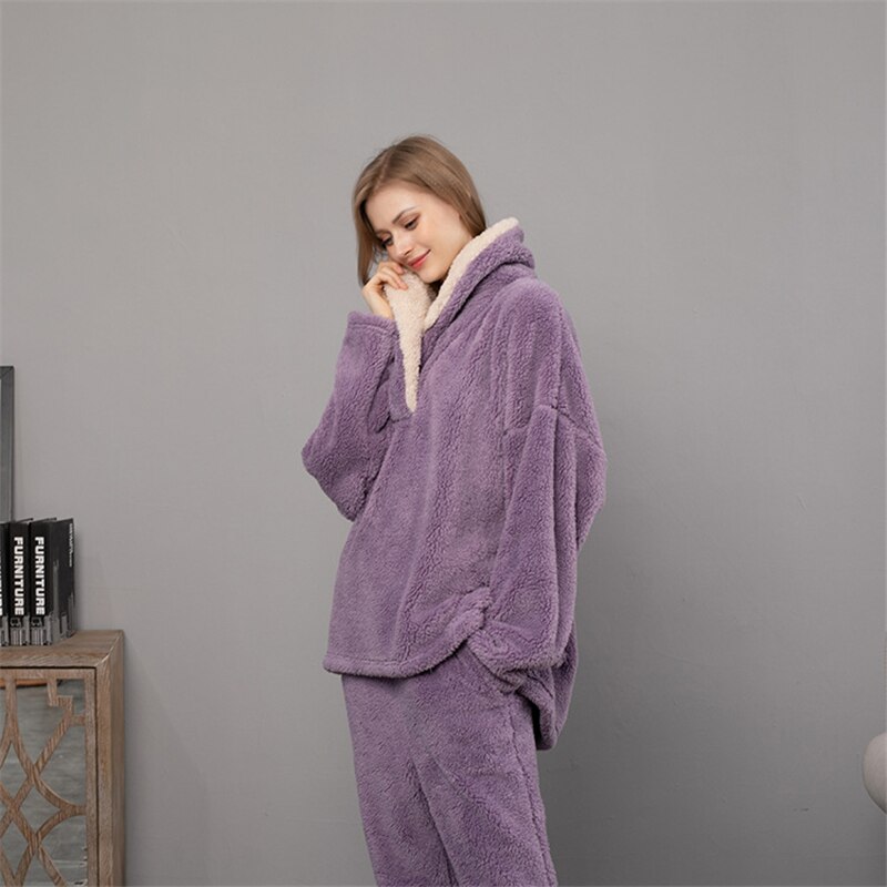 July's Lied Flanel Winter Pyjama Set Verdikking 2 Stuks Vrouwen Nachtkleding Ongedwongen Losse Warm Homewear Coral Fleece Nachtkleding