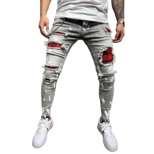 Men Jeans Solid Color Patchwork Skinny Fit Ripped Jeans Stretch Denim Pants Women clothing Streetwear мужские комплекты: L