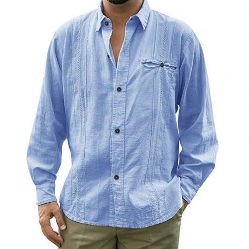 Sommar herr plus size 3xl skjortor män casual enfärgad långärmad nedfälld krage knapp skjortan i bomull linne: Blå / Xl