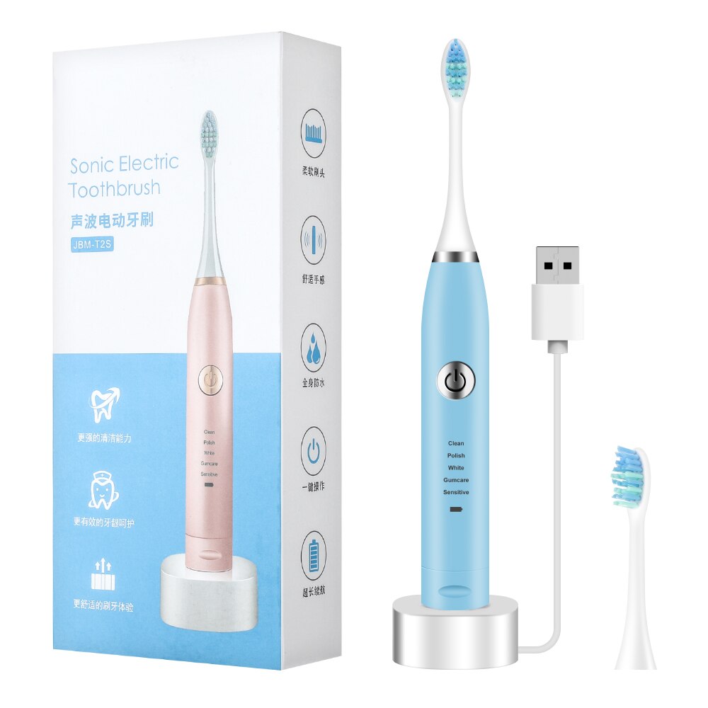 Portable Electric Sonic Vibration Toothbrush USB Rechargerable Waterproof Toothbrush With 5 Adjustable Modes Oral Care Tool: Blue