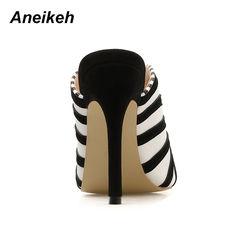 Aneikeh Zebra Stripe Peep Toe High Heel Dress Slippers Summer Slip On Thin Heels Slides Women Mules Black Size 35-40