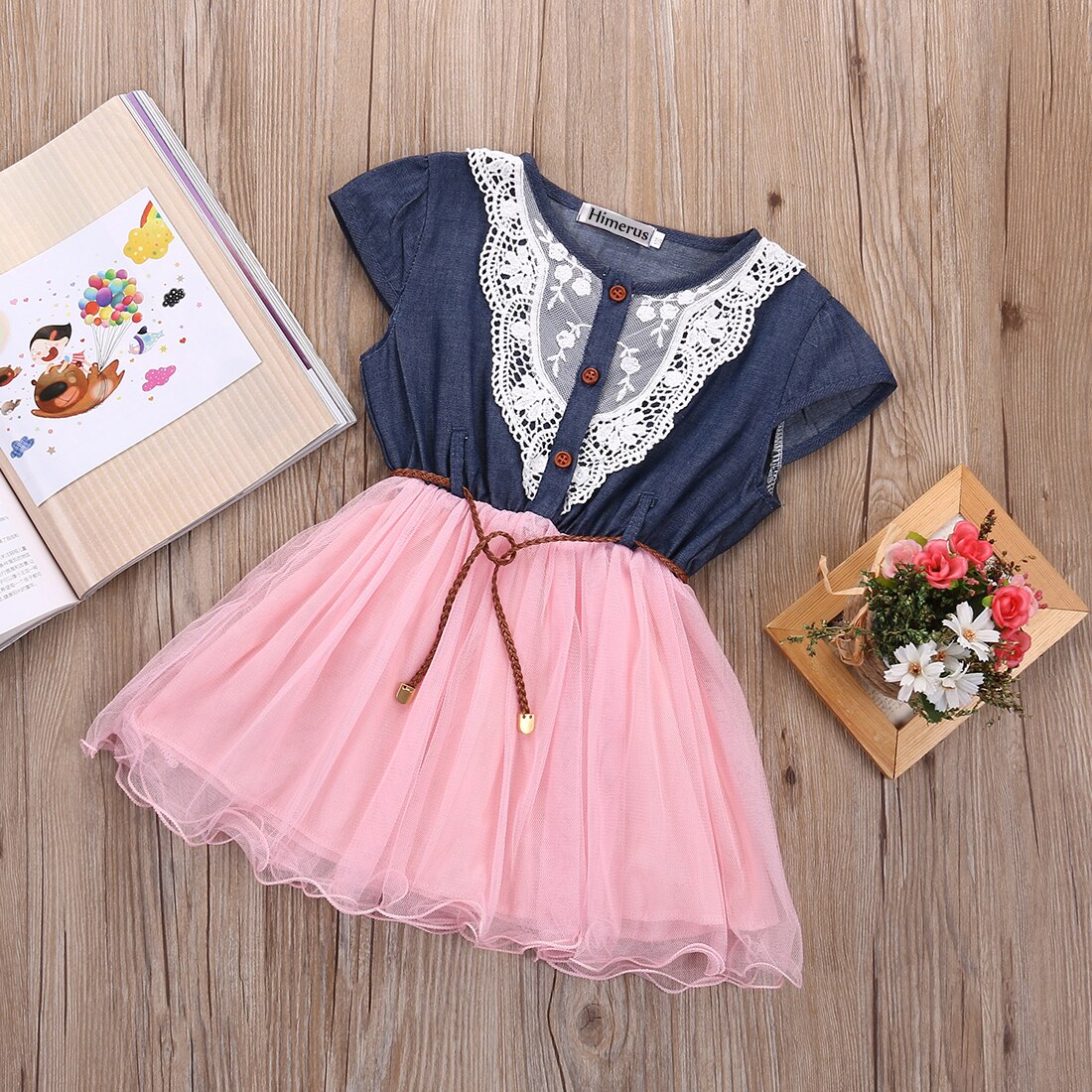 Vestidos de tul de tela vaquera con cinturón de encaje para niñas bebés y niñas de 1 a 6 años