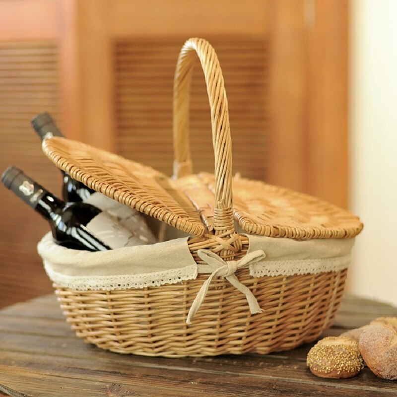 Wicker Handmade Woven Rattan Basket With Handle And Double Lids Camping Picnic Food Storage Container For Camping