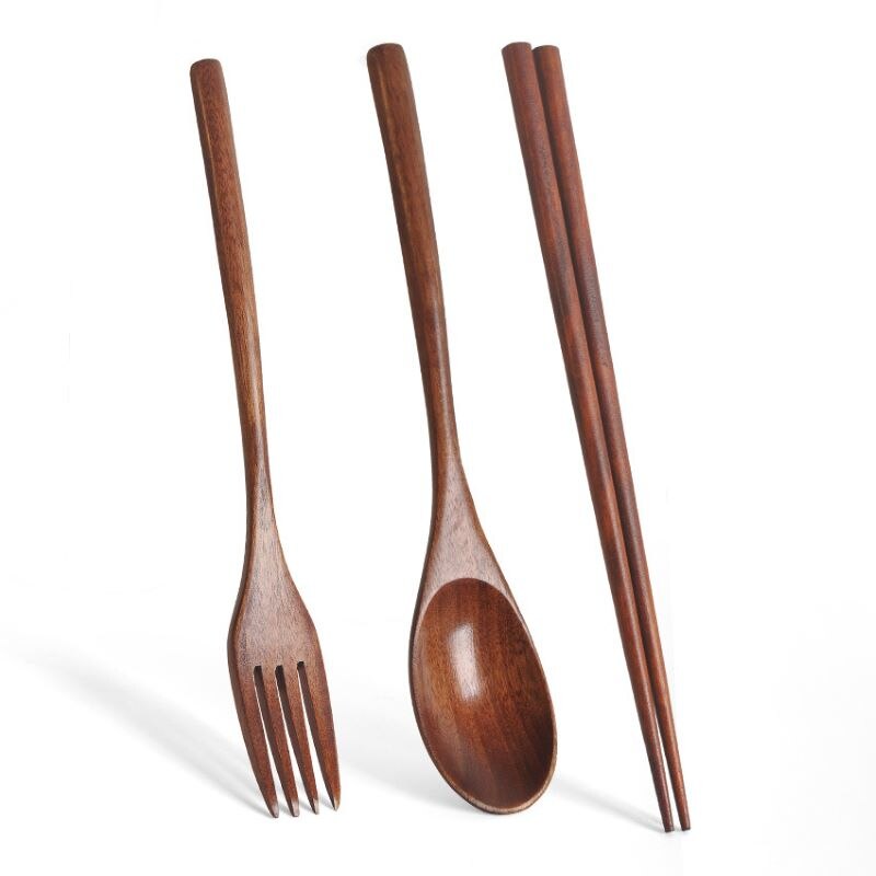 Houten Servies Vork Lepel Eetstokjes 3 Stuk Set Massief Hout Lange Steel Lepel Eetstokjes Draagbare Servies Servies Sets: 3