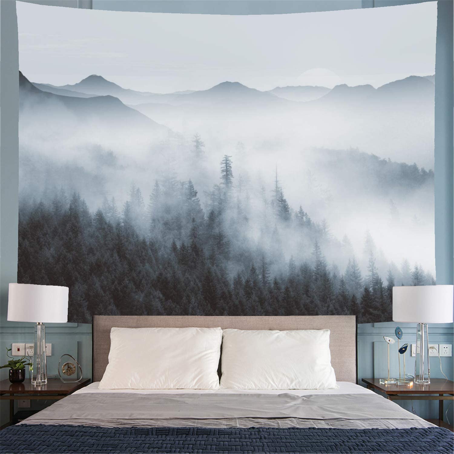 Misty Forest Tapestry Forest Trees with Mountain Tapestry Fantastic Fog Magical 3D Nature Landscape Tapestry for Bedroom: Default Title