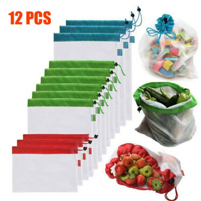 12/15 st återanvändbara produkter påsar svart rep mesh grönsak frukt leksaker förvaringspåse miljövänlig mat dragsko shoppingväska: 12 st