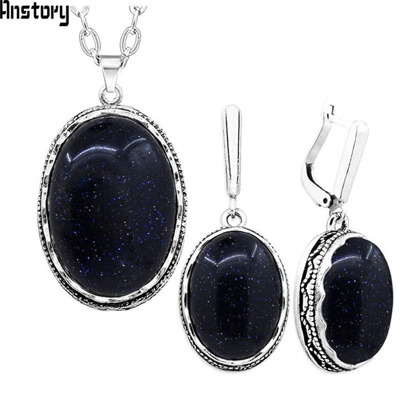 Oval Dark Blue Sequins Stone Jewelry Set Necklace Earrings For Women Flower Pendant Stainless Steel Chain TS357