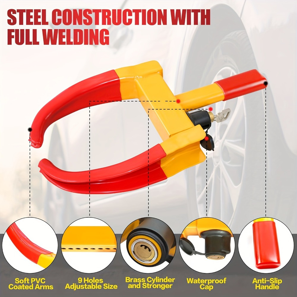 Kraftig dæklås i rustfrit stål. justerbar med ni huller. passer til biler, lastbiler, autocampere, trailere, cykler og motorcykler.