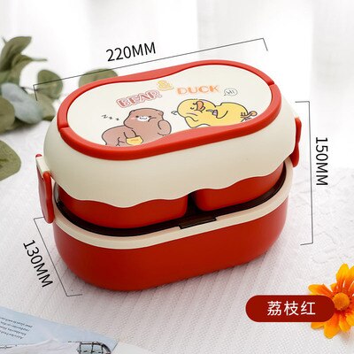 Cartoon Lunch Box Double-Layer Student Lunch Box Portable Large-Capacity Microwaveable Lunch Box Fruit Food Container Box: RED