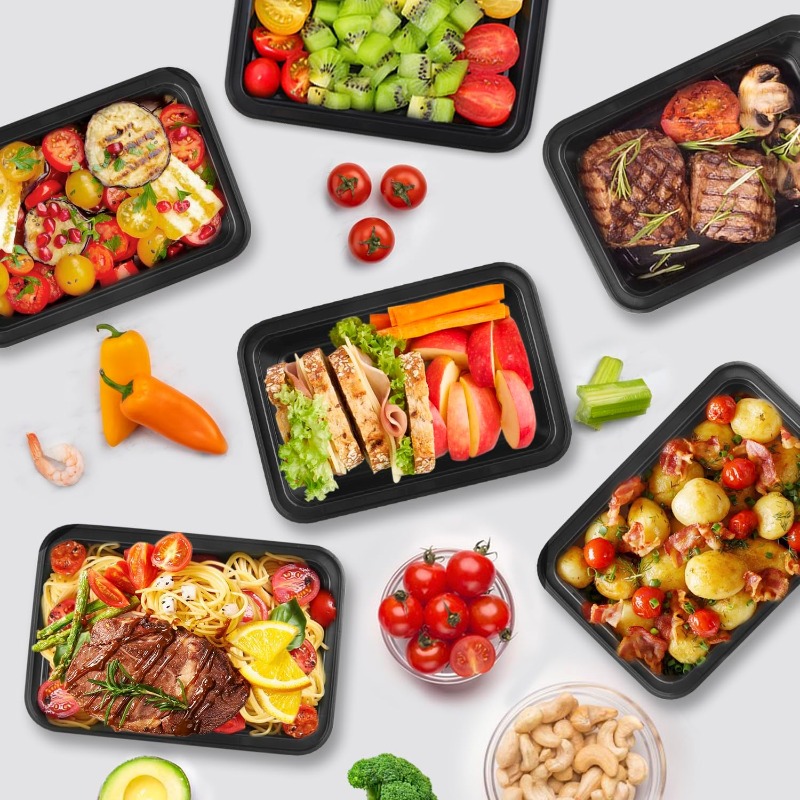 Wegwerp lunchbox Plastic voedselcontainers Zwart fruit Groenten Dozen met deksel voor salades Sandwiches Keukenopslaggereedschap