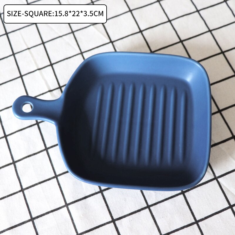 Matte Ceramic Baking Dish Round Plate Pasta Lasagna Pan with Single Handle Fruit Salad Dinner Plate Nordic Baking Dish Tray: Square-Blue