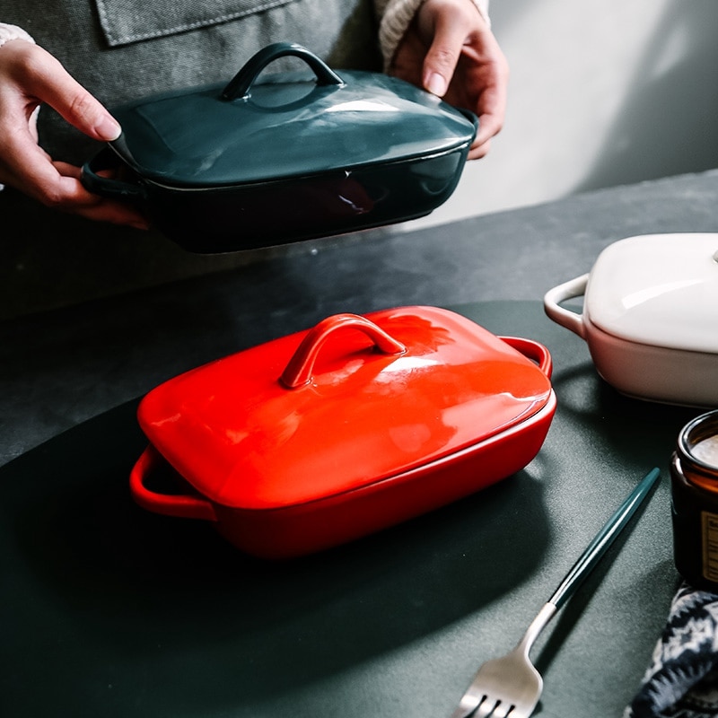 Tableware Plate Rectangle Ceramic Baking Dish Pan With Lid Home Binaural Steak Cheese Grilled Food Bowl Oven Microwave Heating