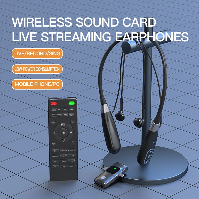 Bærbar trådløs øretelefon multifunksjonell fjernkontroll lydkort mobiltelefon direktesending hodetelefon hengende nakke headset