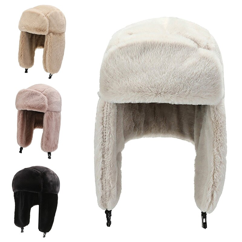 Winter Hat Women Men Faux Fur Solid Color LeiFeng Cap Russian Bomber Hat Ski Hat Warm Earmuffs Thicken Ear-flapped Hat