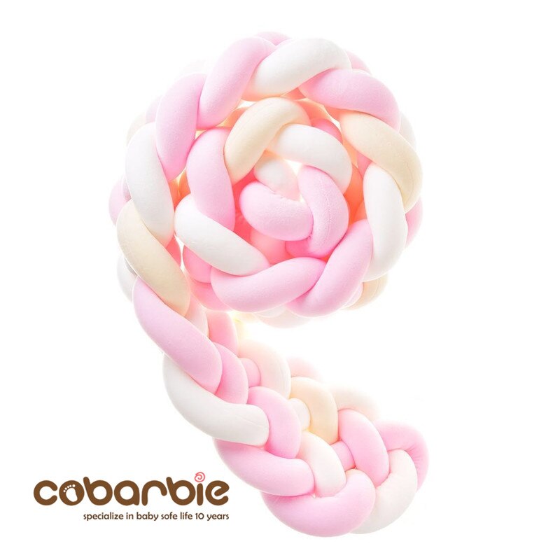 3Meter length 22cm Height baby Braided Crib Bumpers 6 Strip Knot Long Pillow Cushion,Nursery bedding,cot room dector: pinkwhiteyellow