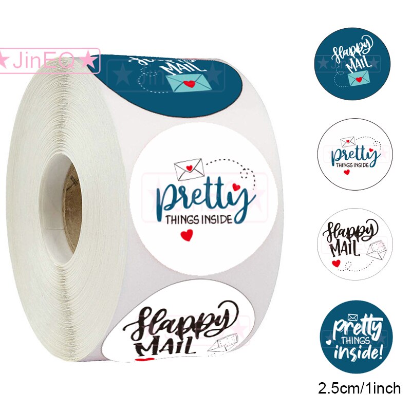 500pcs Paper Happy Mail Stickers 1'' Circle Seal Label Stickers Scrapbooking for Thank You Cards Business Packaging Pretty