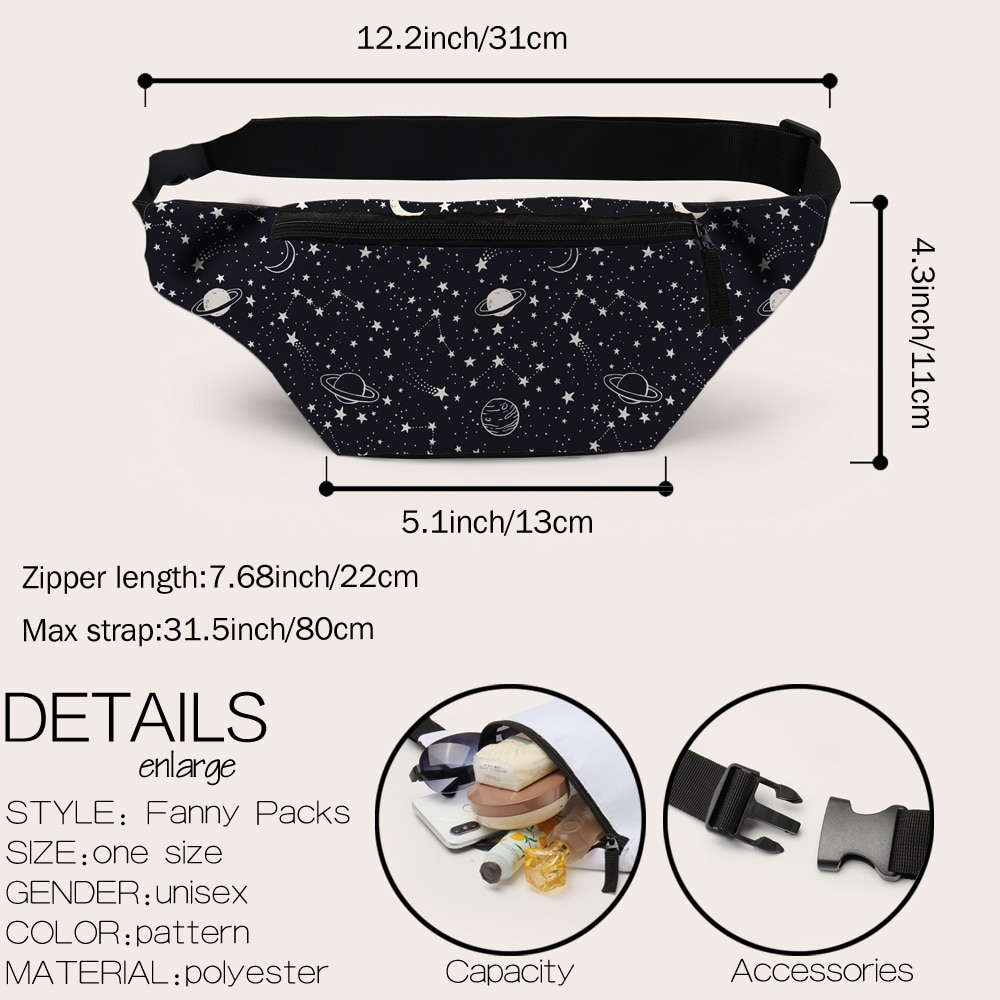 Deanfun Waist Bag Starry Night Printed Fanny Pack Black Bum Bag For Daily Use Travel Belt Bag 18067