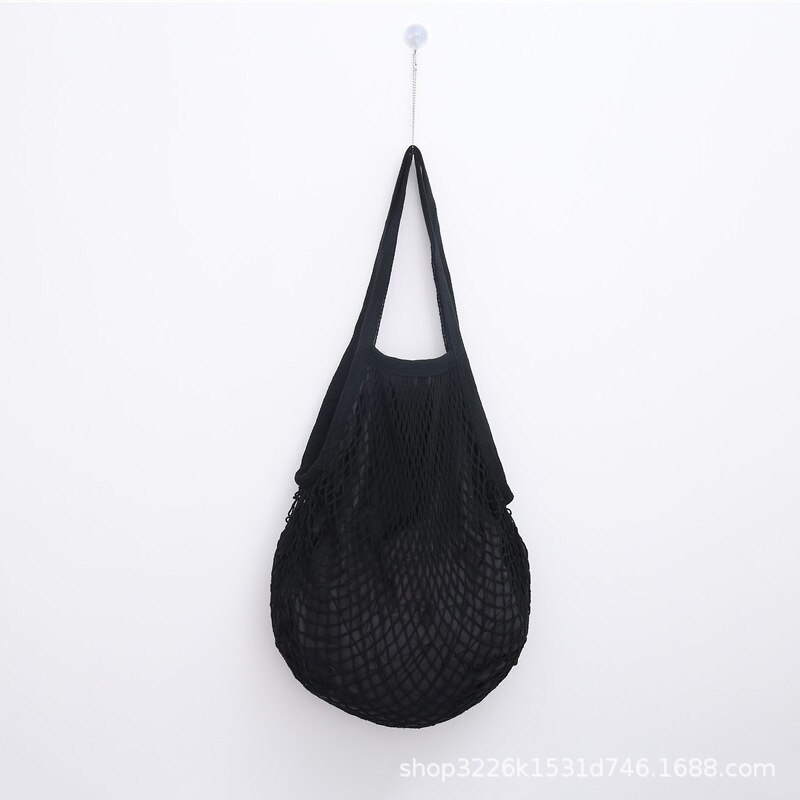 Grande taille main courte pratique Shopping maille sac coton fruits chaîne sac supermarché sac rôti: Black