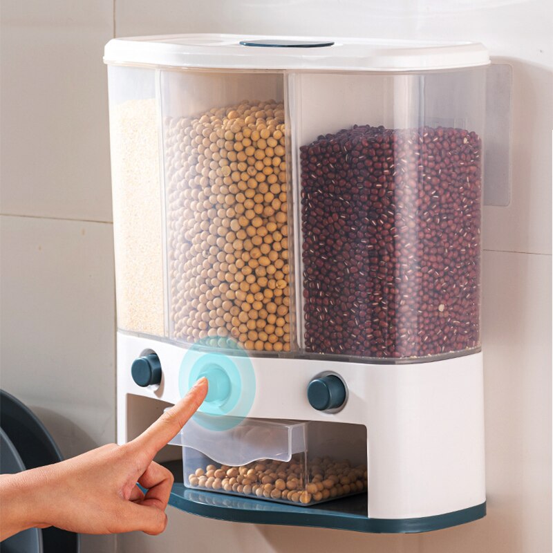 Plastic rice bucket for grains, household metering rice storage box, wall-mounted rice bucket, household kitchen grain dispenser