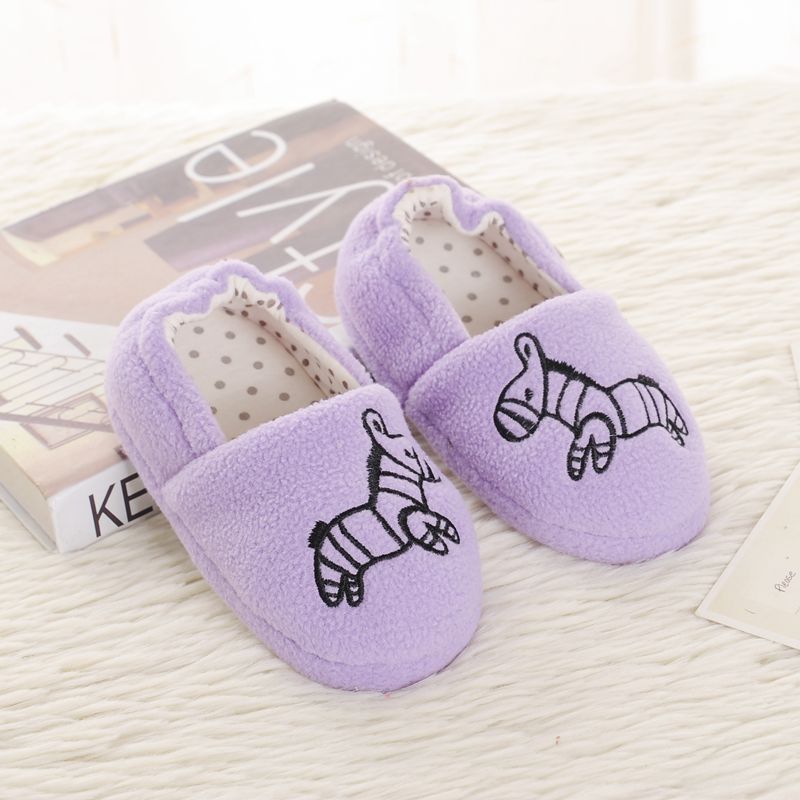 Cartoon Zebra Kids Warm Shoes Boys Girls Soft-soled Slippers Kids Winter And Autumn Indoor Child Home Shoes: Purple / 4(Insole 13.5 cm)