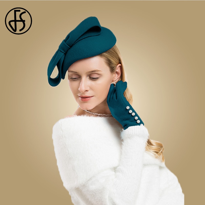 FS Lã Fascinator Pillbox Chapéu de Casamento Das Mulheres Elegantes Chapéus de Inverno Preto Azul Vermelho Senhora Bowknot Kentucky Derby Sentiu Fedoras Caput