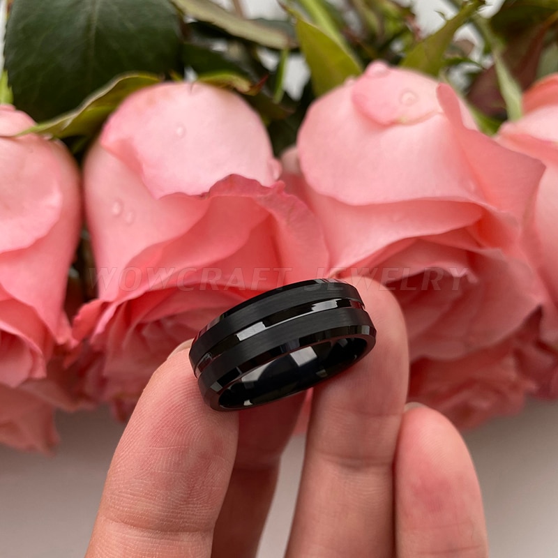 8 Mm Black Tungsten Carbide Ring Wedding Band Voor Mannen Vrouwen Gegroefde Center Geborstelde Afwerking Comfort Fit Graveren Gratis