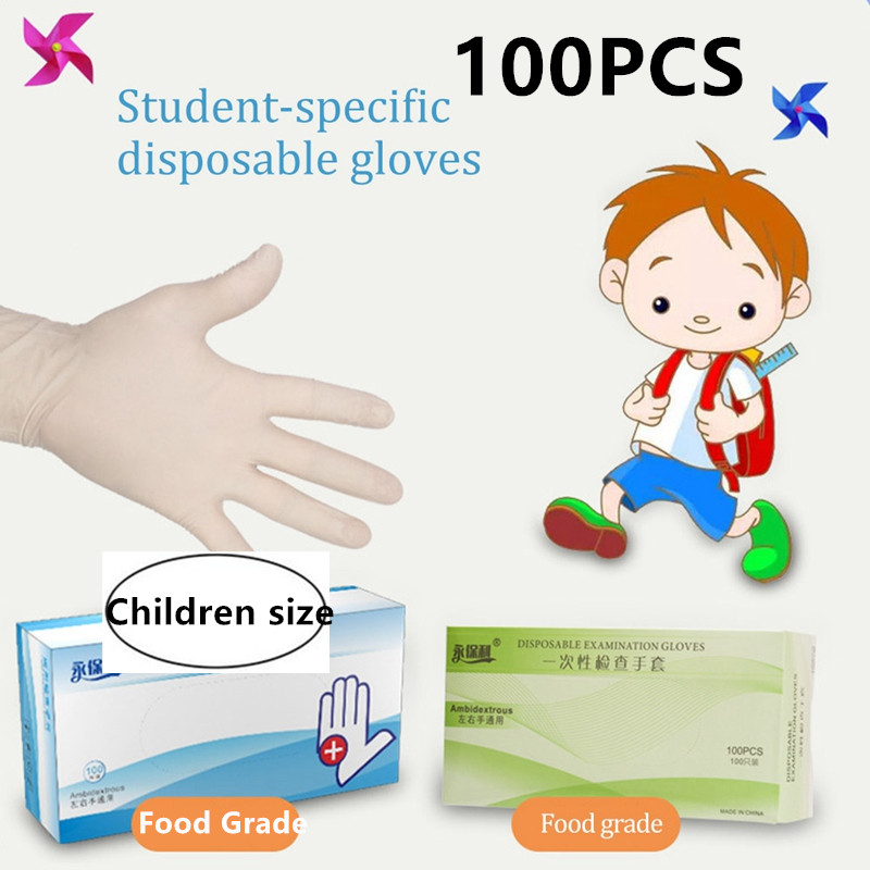 100 Uds guantes de nitrilo para niños, guantes de trabajo desechables para niños, guantes blancos de látex para la escuela, guantes de mano con dedos completos
