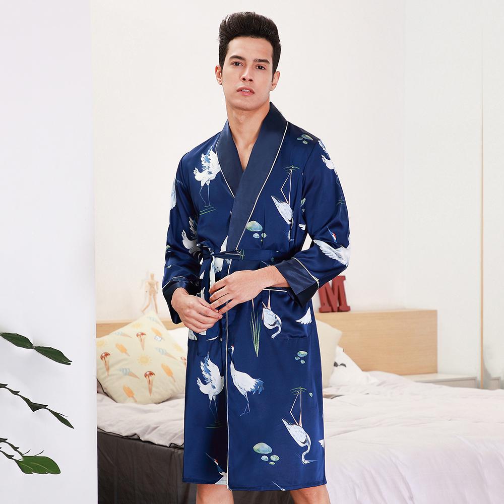 Silky Kimono Robe Bath Gown Chinese Male Long Sleepwear Animal Print Pajama Casual Rayon Robes Men Full Sleeve Nightwear