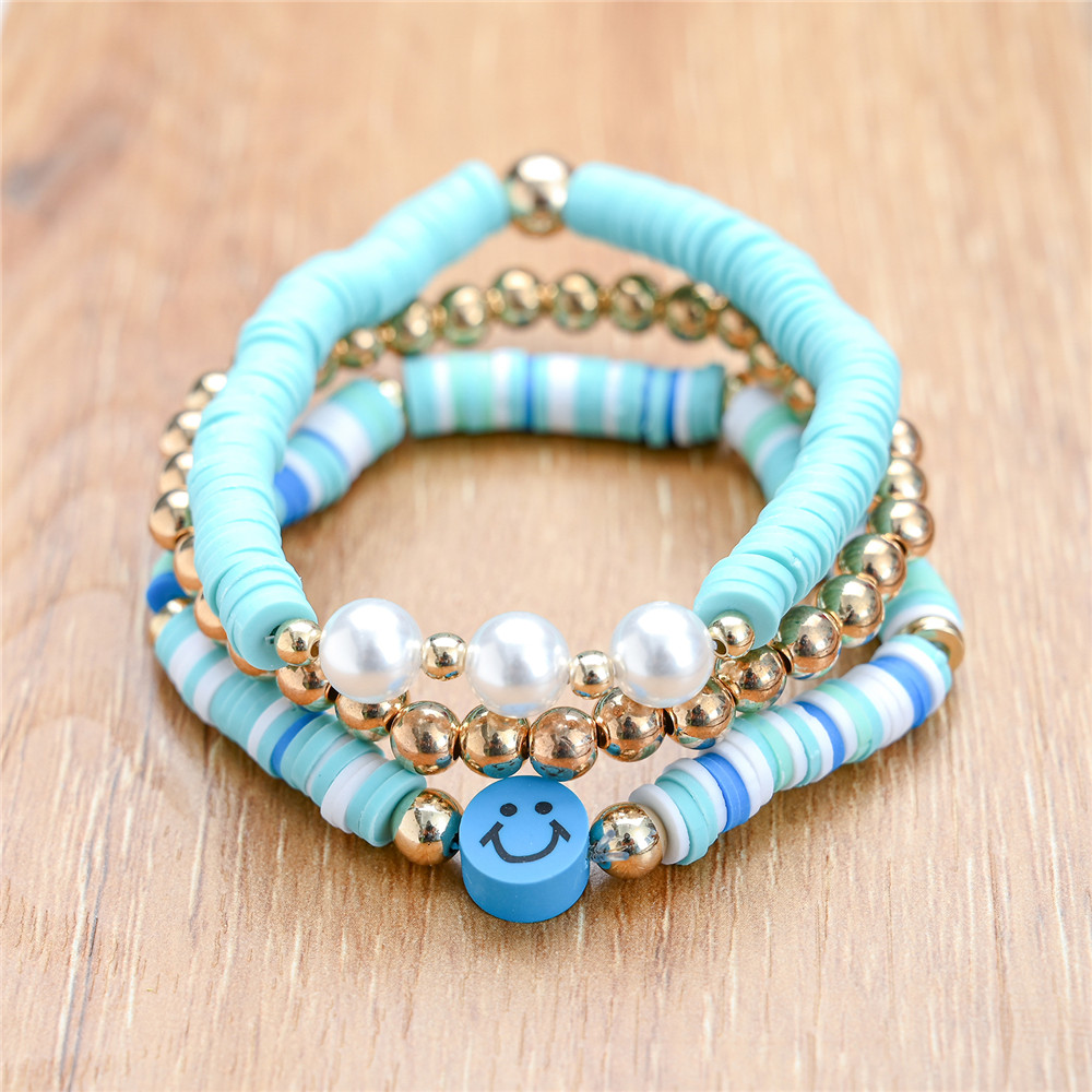 Boho Kleurrijke Polymeer Klei Smiley Gezicht Vriendschap Armband 3 Stks/set Ronde Kralen Multilayer Wrap Armband Vrouwen Polsband: set 5