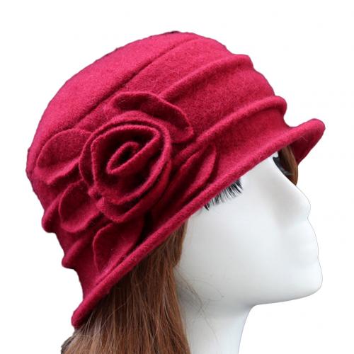 Gorro de lana con campana para iglesia para mujer, gorro de pescador con estampado de flores para invierno: Purplish Red