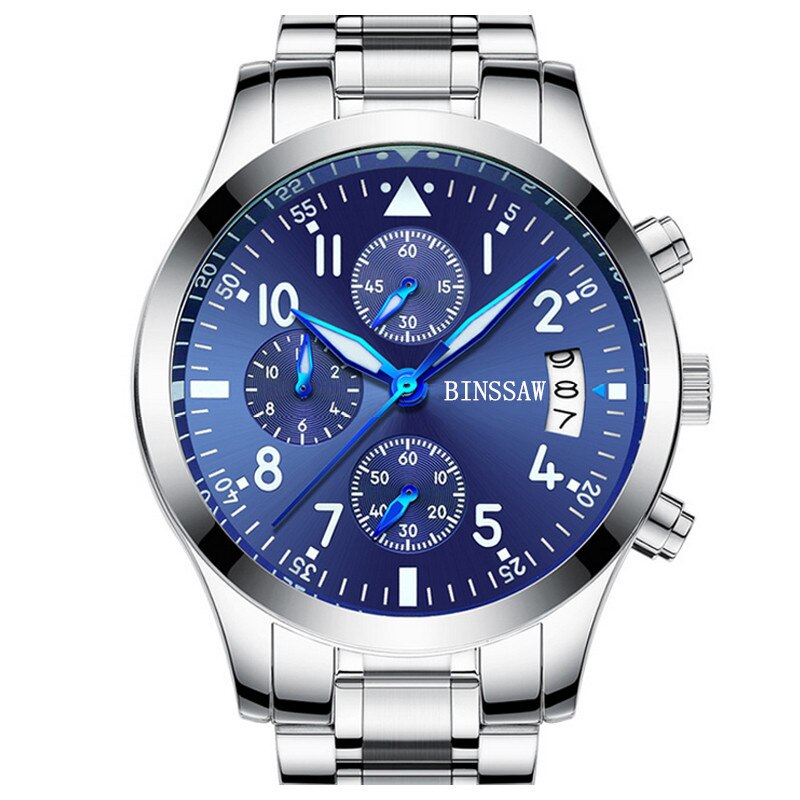 BINSSAW Mannen Luxe Quartz Horloge Roestvrij Staal Mode Lederen Waterdichte Lichtgevende Sport Horloges Relogio Masculino: BS 10018E