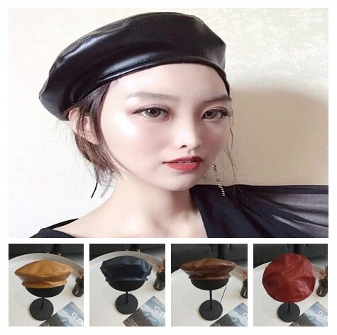 5 farger årgang imitert pu skinn beret lue flat lokk fast svart kaffe vin rød marine fransk caps til kvinner menn