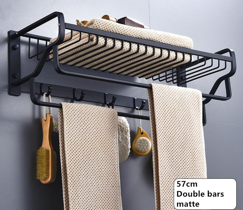 Towel Rack Aluminum Wall Mounted Nail Punched Towel Holder Black Matte Towel Hanger Bathroom Accessories Bath Hardware 57cm: style 2