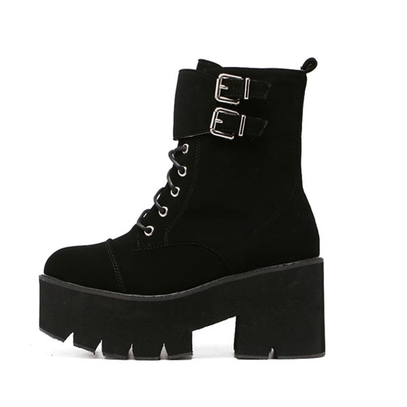 LEOPARD LAND Boots Mid Calf Boot Black Women Shoes Round Toe Zipper Boots Buckle Shoes Women DF-jhm3348-7