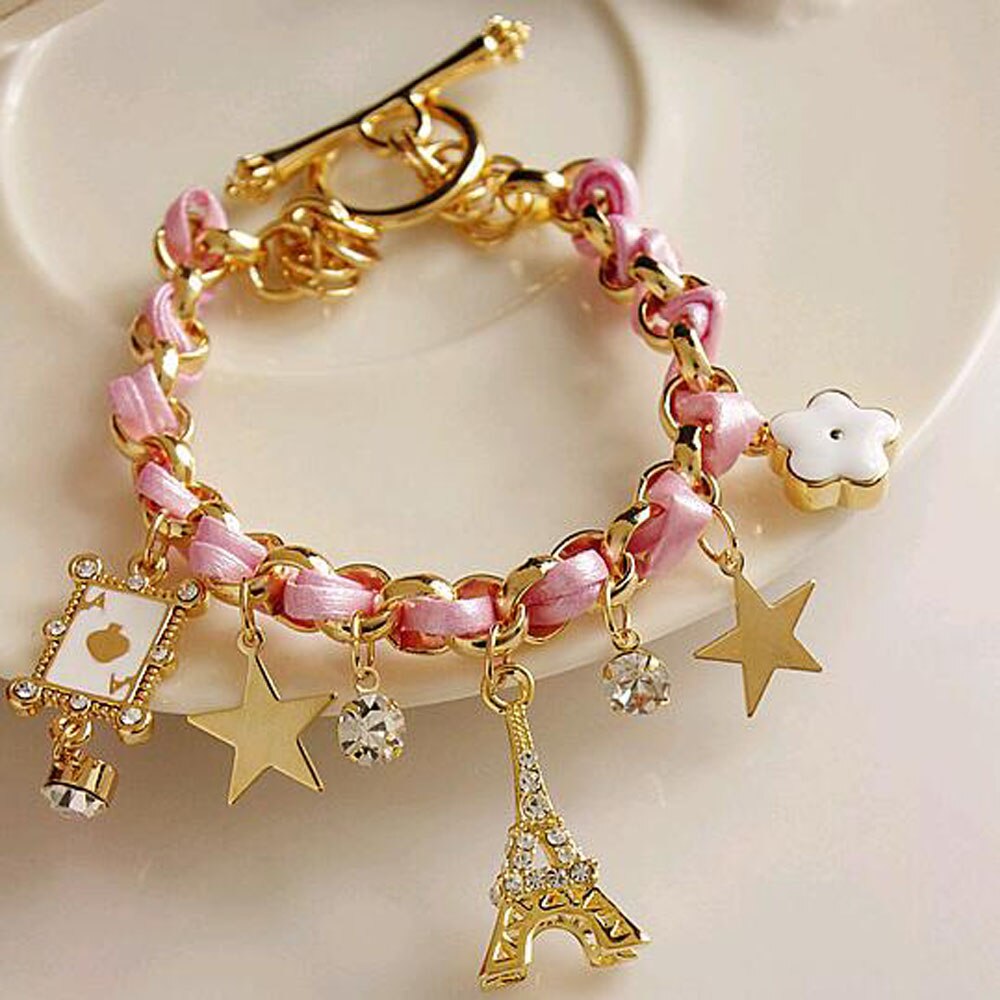 Vienkim Jewelry Multielement Gold Chain Leather Rope Crystal Handmade Bracelet Eiffel Tower Star Pendant