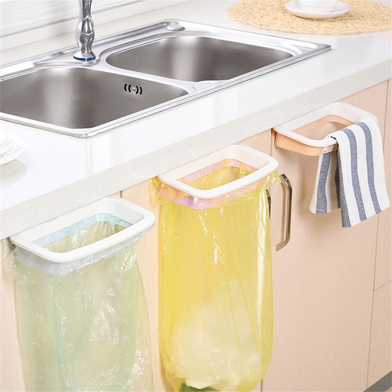 1 stk køkkenudstyr skabsdør tilbage skraldestativ opbevaring skraldeposeholder hængende køkkenskabe opbevaring håndklædehylde. q