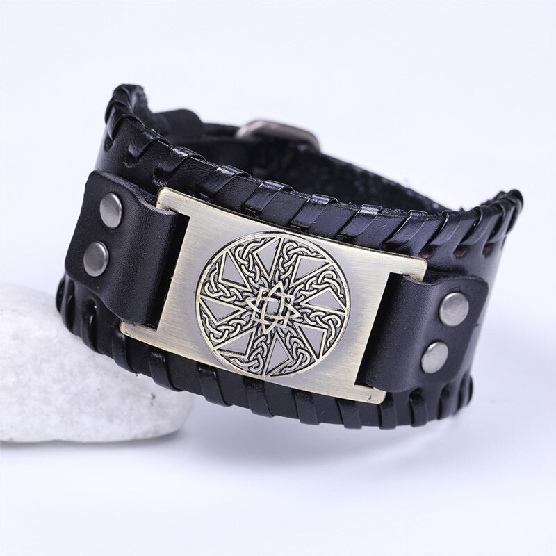 Skyrim-pulsera de cuero eslava para hombre, anís estrellado, amuleto redondo cerrado, pulsera ancha trenzada, brazalete Vikingo, joyería Vintage: Wide black-bronze