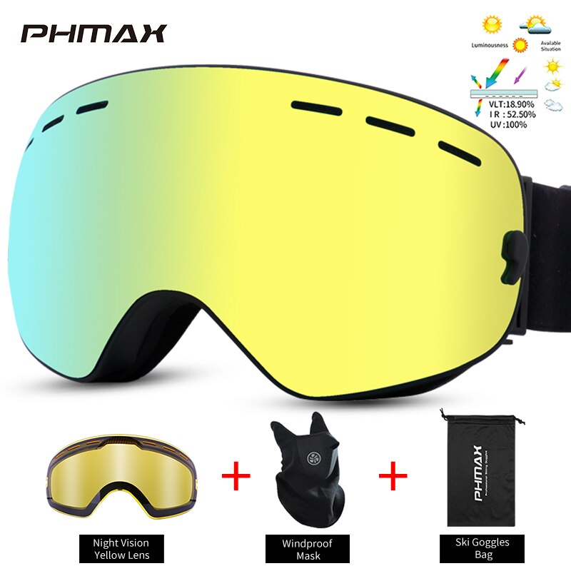 Phmax-óculos de esqui, unissex, máscara de neve, óculos de inverno, ski, com lentes amarelas, anti-neblina, snowboard: XJ-0103-SJ