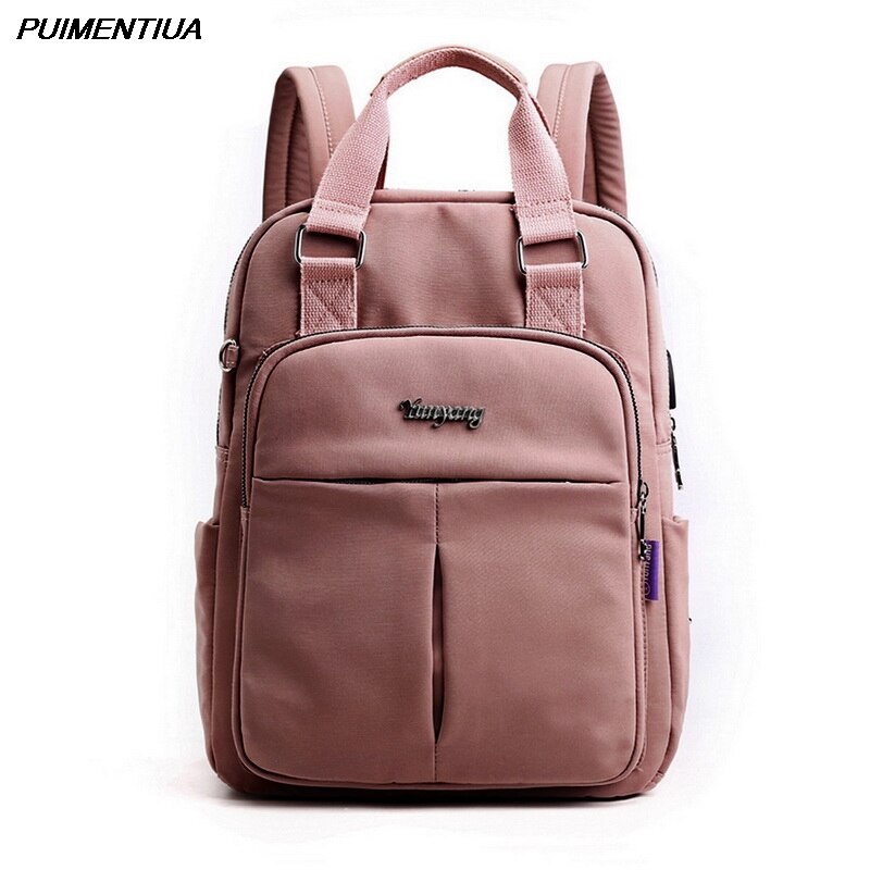 Solid Women Backpack Female Travel School Bags For Teenage College Schoolbag Nylon Solid Color High Student Bag: pink