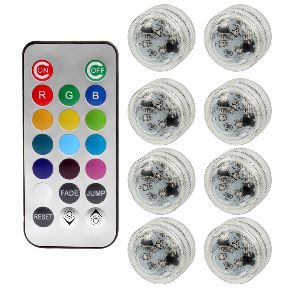 Ip68 waterdichte, veelkleurige onderwaterlampen met 3 leds, op batterijen, rgb-nachtlampje voor aquariums, afstandsbediening: 1 afstandsbediening 8 lampen