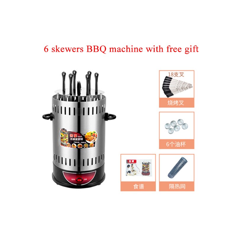 Elektrisk bbq grill maskine automatisk roterende grill røgfri spyd automatisk roterende timing grill maskine husstand: 6 spyd